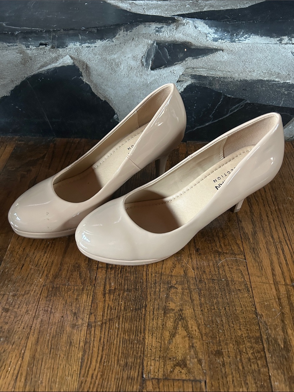 Women's Nude Patent Mid Heel Pumps - Classic Beige Dress Heels